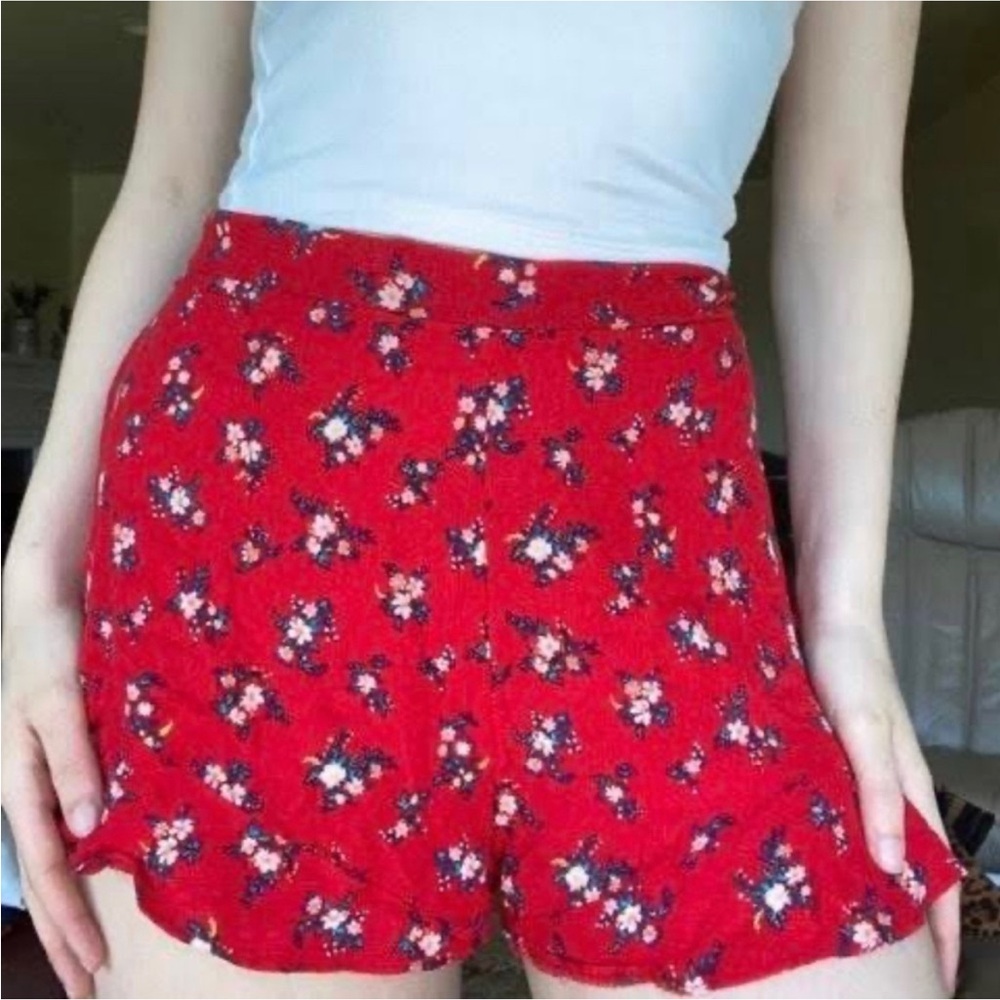 American Eagle Red Floral Print High Waist Flowy Shorts